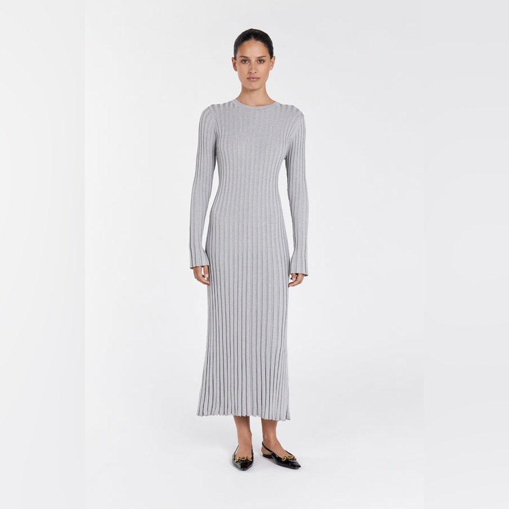 Ada Ribbed Long-Sleeve Maxi Dress in Light Gray XS